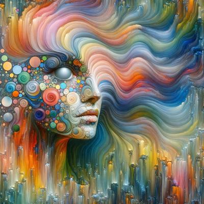 The primary subject of the image is a woman's face, which is the main focus of the image. The setting is a colorful and abstract background, which adds to the overall visual style. The colors and mood of the image are vibrant and lively, with a mix of different colors and patterns that create a dynamic and engaging atmosphere.
